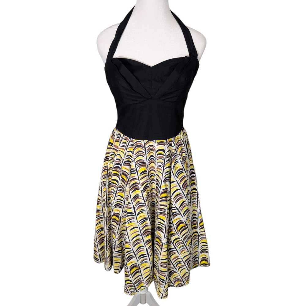 Girls from Savoy Anthropologie Halter Dress Size 6 Black Yellow Feather Print